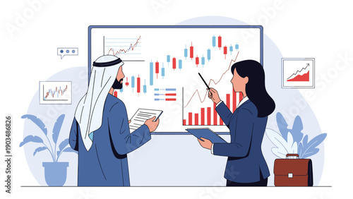 Businessman in traditional Arab clothing and a businesswoman analyzing a complex financial stock market chart on a white board.