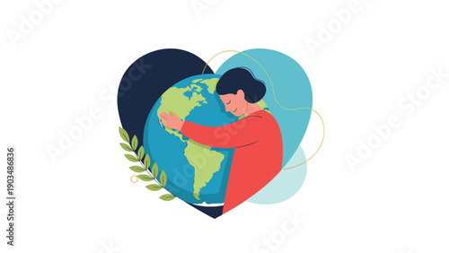 Peaceful woman lovingly hugging the earth globe inside a heart silhouette to represent environmental care and global unity.