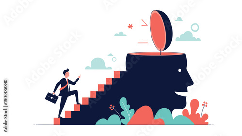 Ambitious businessman walking up a staircase inside a human head profile with an open lid to symbolize self improvement and learning.