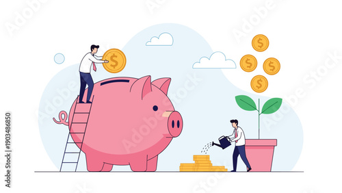 Group of people collaborating on financial savings by putting coins into a large piggy bank and nurturing a money tree.