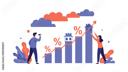 Real estate agents analyzing a rising house price chart with percentage signs to represent market growth and property investment trends.