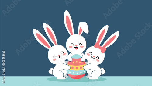 Three adorable white cartoon bunnies happily holding a large decorated Easter egg against a dark blue background for holiday greetings.