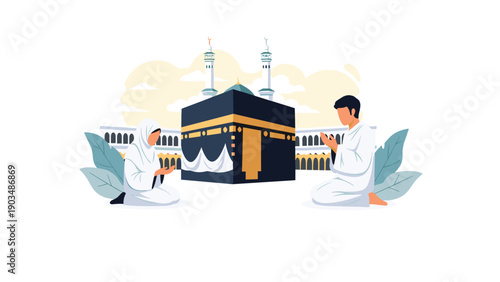 Muslim man and woman in white prayer clothes kneeling and praying in front of the holy Kaaba in Mecca for spiritual devotion.