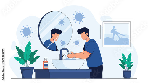 Man washing his hands at a bathroom sink to prevent infection from virus particles floating in the air for hygiene and health safety.