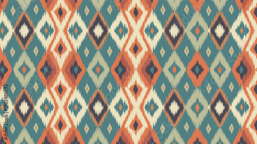 Vibrant ethnic ikat fabric pattern with colorful geometric diamond shapes for traditional textile and fashion design backgrounds.