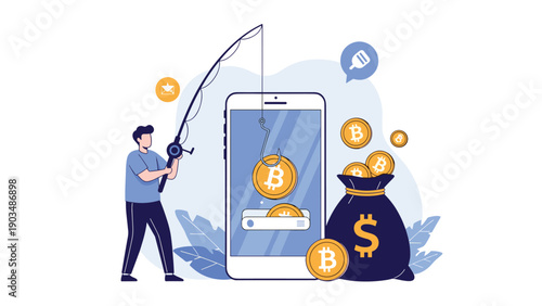 Person using a fishing rod to catch a Bitcoin coin from a smartphone screen to represent phishing scams and online financial fraud.
