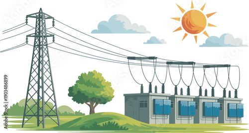 electric power substation landscape illustration, transmission tower with transformers, outdoor electricity grid network, sunny sky energy infrastructure design vector