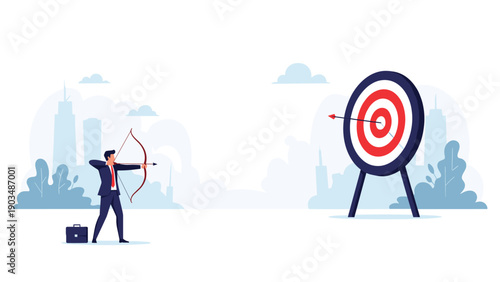 Ambitious businessman aiming a bow and arrow at a target with a bullseye in a city landscape to represent business goals and strategy.