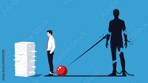 Tired man chained to a heavy red ball representing debt while his shadow shows him breaking free from chains for financial freedom.