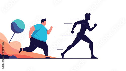 Overweight man running with determination towards a fit muscular shadow of himself to represent weight loss goals and body transformation.