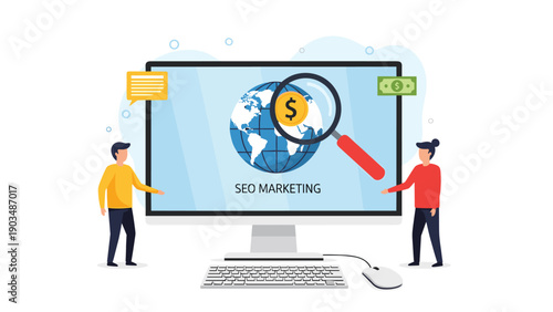 Professional team standing around a large computer monitor displaying a globe and gold coin for global search engine optimization marketing.