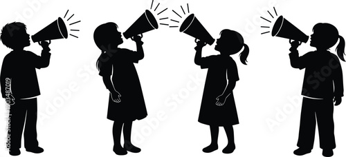 Silhouettes of four children holding megaphones with sound lines, symbolizing communication, advocacy, teamwork, youth voices, and expressive participation in social or educational projects