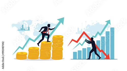 Comparative illustration of a businessman climbing a coin chart for success and another man struggling against a falling market graph.