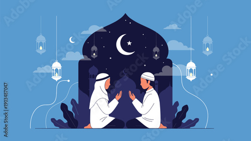 Devout Muslim man and woman in traditional white clothing kneeling and praying together against a starry night sky with a masjid silhouette.