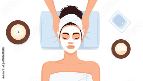 Top view of a relaxed woman receiving a cosmetic facial mask treatment in a spa salon with aromatherapy candles and skin care products.