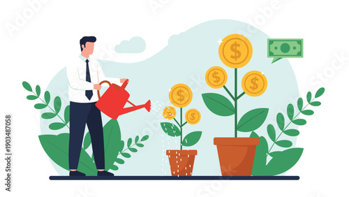 Successful businessman using a red watering can to nurture green plants that are growing gold coins in pots inside a bright office.