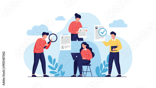 Recruitment team using a magnifying glass and laptop to screen resume profiles and find the best candidate for a job with a checkmark.