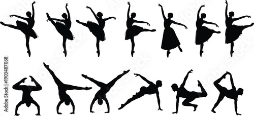 Set of black silhouettes of ballet dancers ballerinas and gymnasts men and women dancing and performing stunts isolated on white background for arts concept (23 words)