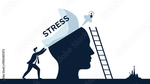 Determined businessman pushing a large white block with the word stress out of a giant head to reveal a bright lightbulb of ideas.