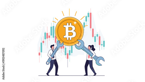 Two IT professionals using large wrenches to maintain and repair a giant bitcoin coin symbol with a trading chart in the background.
