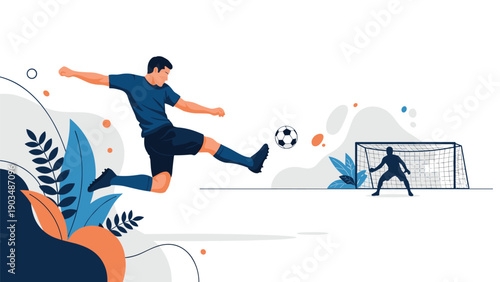 Athletic soccer player jumping in the air to kick a ball towards the goal guarded by a goalkeeper in a stylized sports arena.