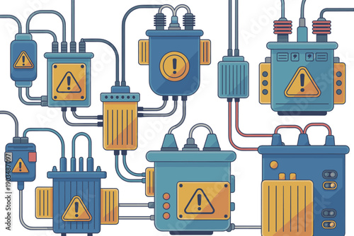 electrical equipment illustration set, power control boxes and transformers, industrial energy devices, wiring system, electricity infrastructure, isolated white background