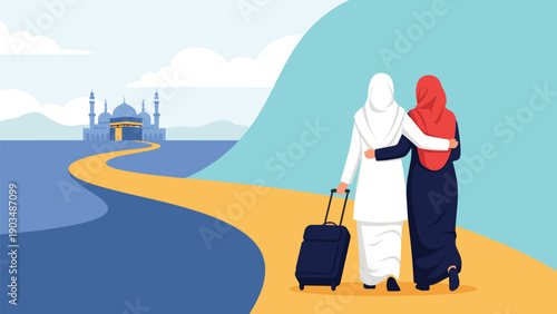 Two Muslim women carrying a suitcase walking on a golden path towards the Kaaba in Mecca for their pilgrimage or umrah journey.