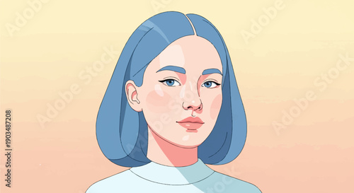 Stylized portrait of a young woman with short, blue hair and blue eyes