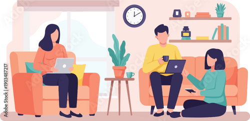 Three people on couches using laptops and phones in a cozy living room
