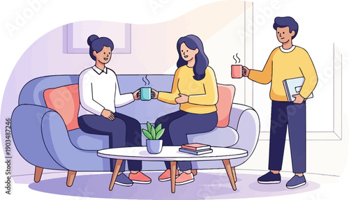 Three people interacting in a room, two on a sofa with coffee