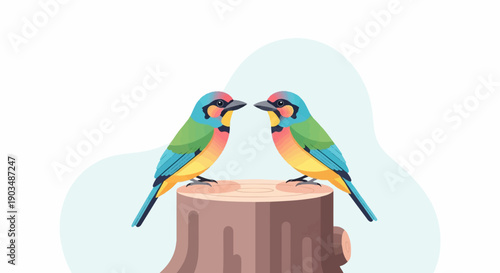 Two colorful birds perched on a tree stump, facing each other