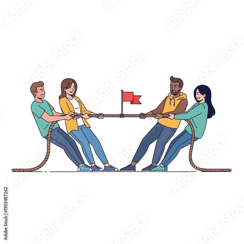 Team Tug of War Competition: Diverse People Pulling Rope with Red Flag