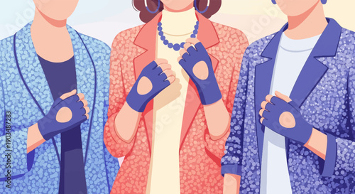 Three people in colorful jackets and gloves