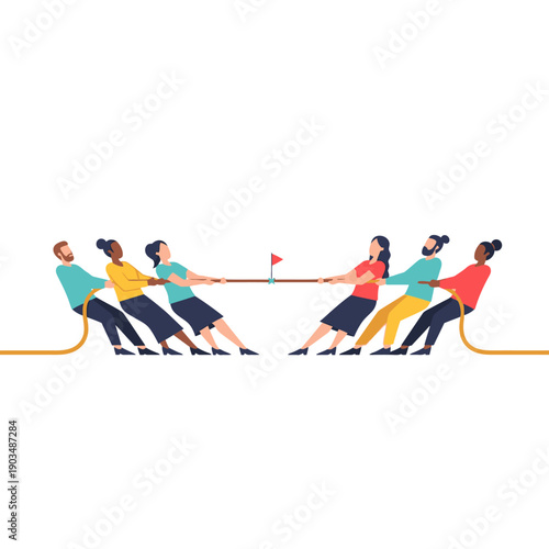 Diverse teams in tug of war competition, symbolizing teamwork, competition, and struggle.