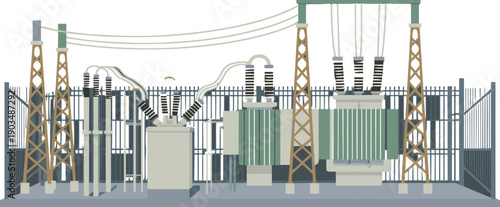 Electrical power substation illustration isolated on dark background, high voltage transformers and transmission equipment, energy distribution infrastructure, industrial utility concept