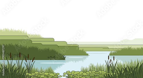 Flat vector illustration of a tranquil wetland landscape with a river flowing through lush green reeds and cattails, under a clear sky.