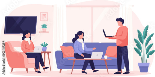 Three people in casual attire working on laptops in a modern living room