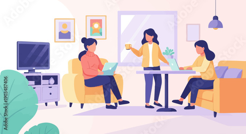 Three women collaborate on laptops in a cozy living room setting