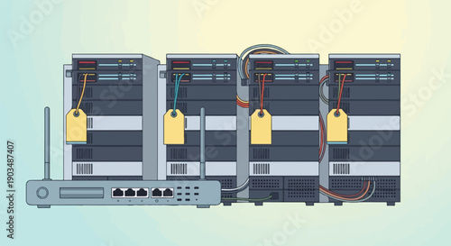 Stylized servers with visible cables and yellow identification tags