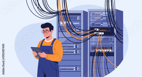 Technician in server room with tablet, surrounded by cables