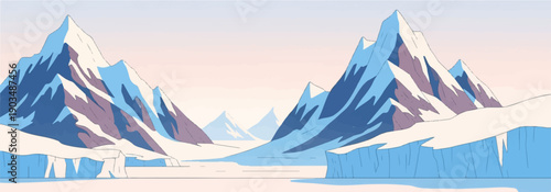 Stylized snow-capped mountains and ice formations under a soft, gradient sky