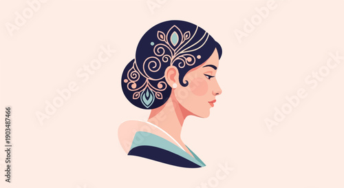 Stylized portrait of a woman with elegant updo and ornate hairpiece