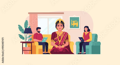 Three people in a room, one in traditional attire, two on tablets