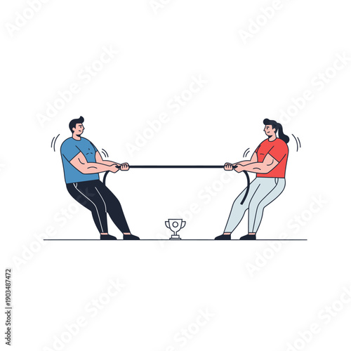 Tug of War Competition: Man vs Woman, Trophy Symbolizing Victory and Conflict