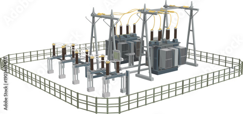 Electrical power substation with transformers and switchgear isolated on white background, high voltage energy distribution infrastructure illustration