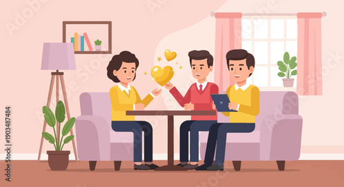 Three people in a room, one giving a golden heart to another