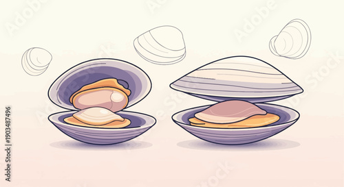 Two colorful pixel art clams, one open with contents, another partially open
