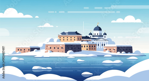Stylized snow-covered island fortress with domed cathedral in frozen blue waters