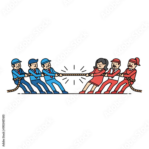 Tug of war competition between business teams, illustration of conflict and teamwork