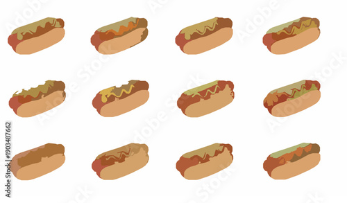 Minimal Watercolor Hot Dog Icon Set with Mustard Ketchup and Lettuce Fast Food Vector Collection